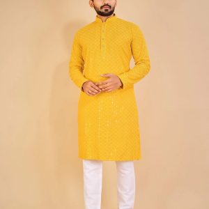 yellow cotton regular fit men's kurta pyjama set ( pack of 1 )