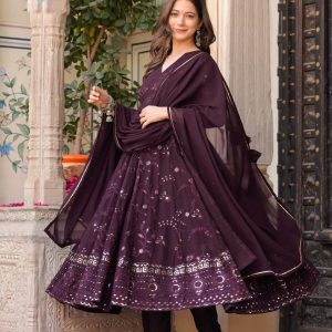 sitaram designer georgette embroidered kurti with pants women's stitched salwar suit brown ( pack of 1 )