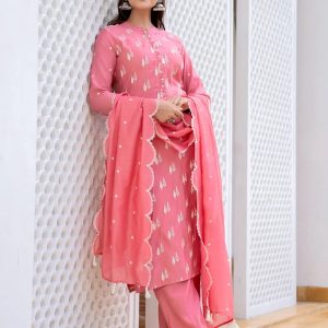 women silk blend embroidered straight kurti with palazzo ( pink )